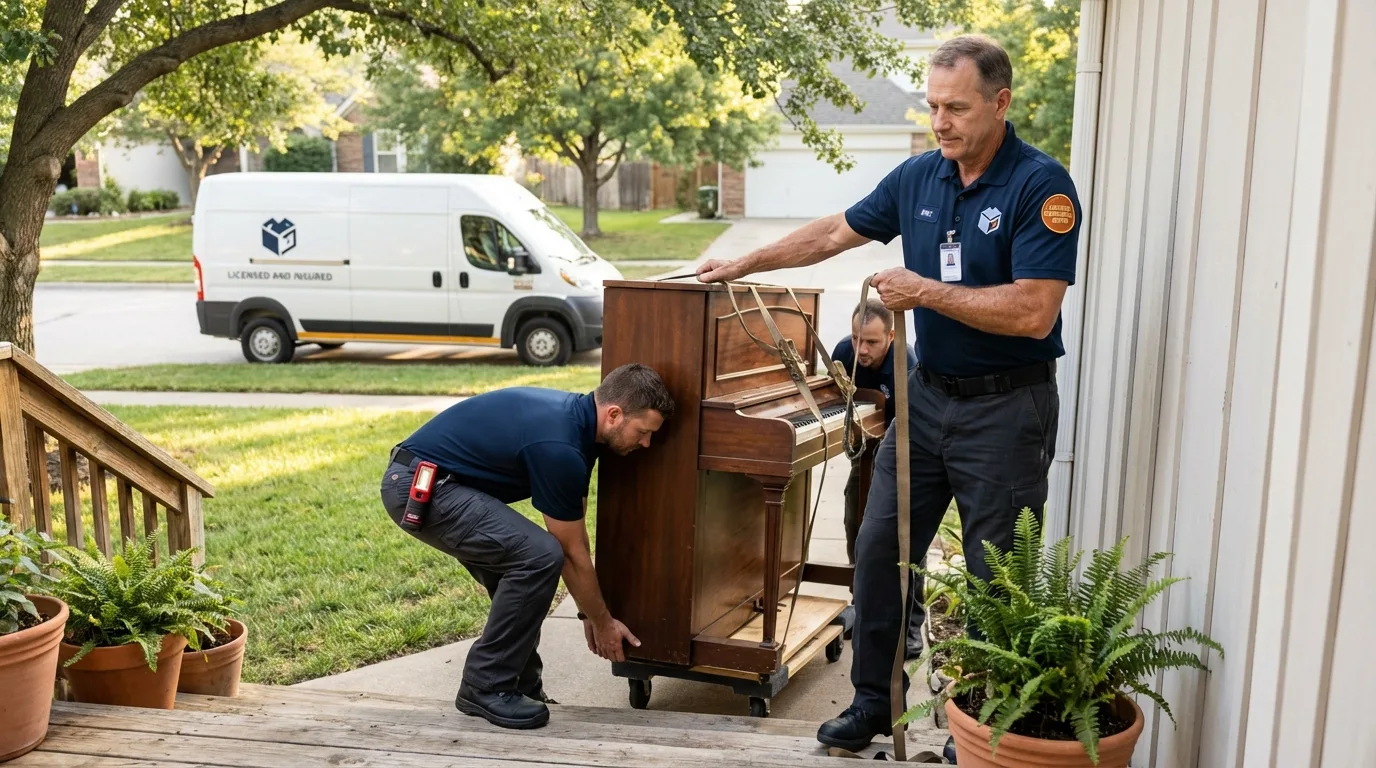 Licensed piano movers securing grand piano in Calipatria, CA
