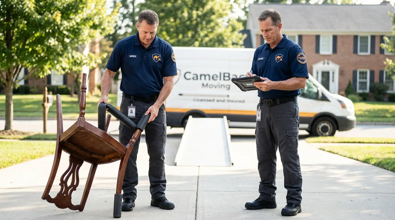 Movers inspecting furniture for damage prevention before loading in Calipatria, CA