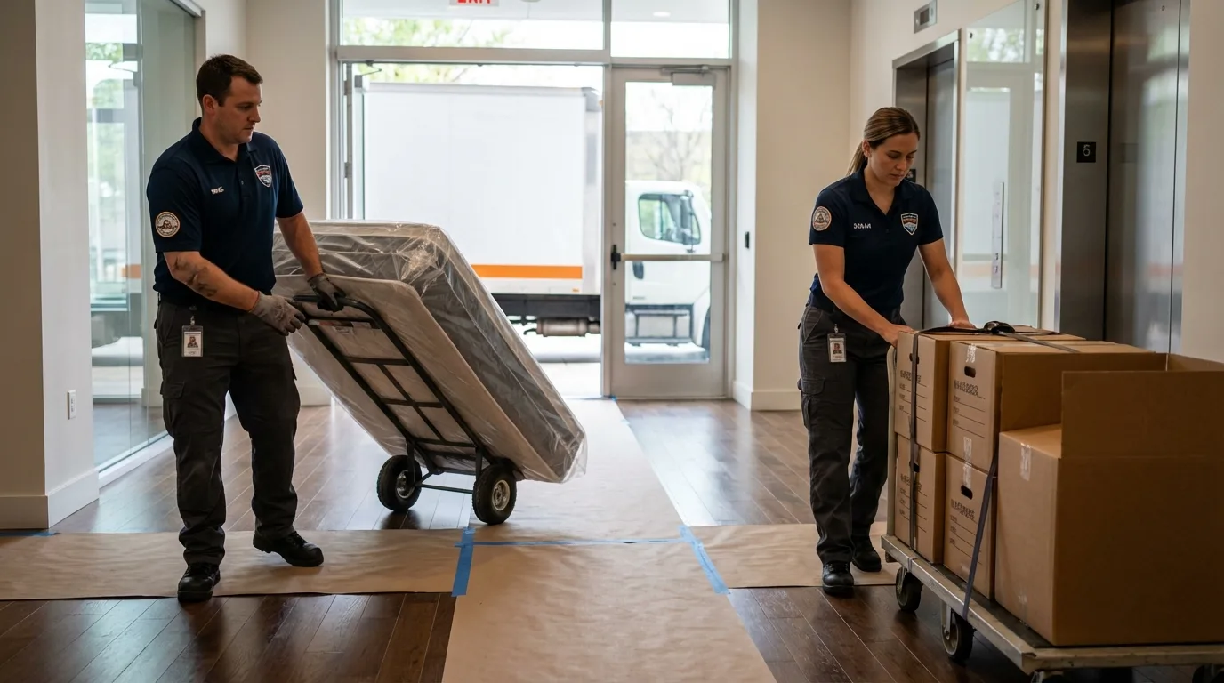 Professional apartment movers loading elevator in Calipatria, CA